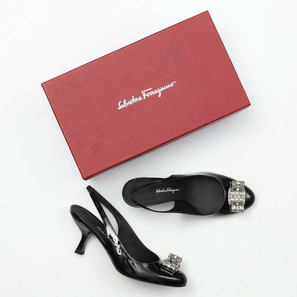 Salvatore Ferragamo Shoes - Salvatore Ferragamo Sernio Black Patent Leather Slingback Pumps - Size 7.5 B